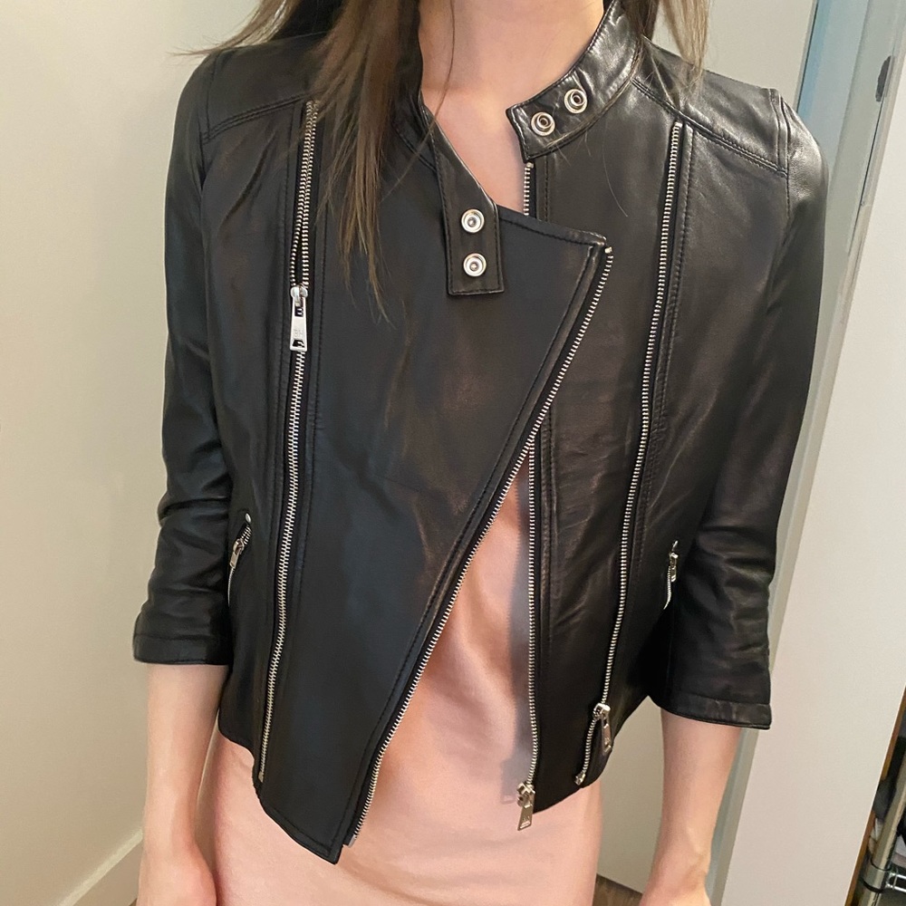 Blue heroes black leather jacket